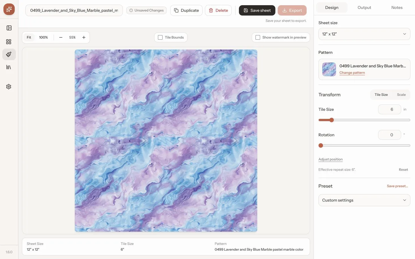 VinylMaker Designer showing lavender and sky-blue marble in a large two-by-two repeat, with tile size and rotation controls, presets, and export options.