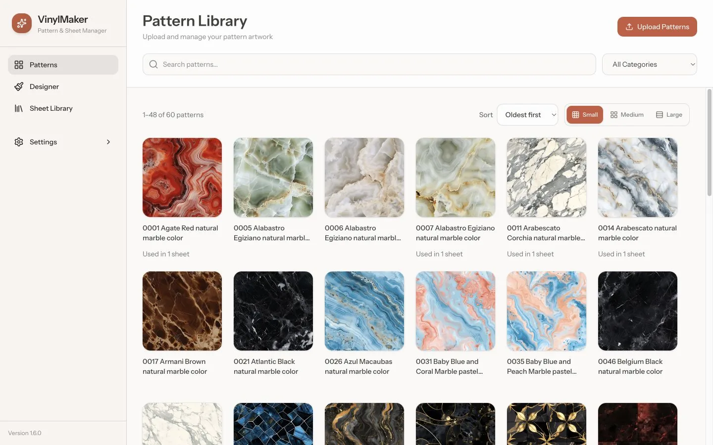 VinylMaker Pattern Library with pattern artwork, search, category filters, sorting, and adjustable preview sizes.