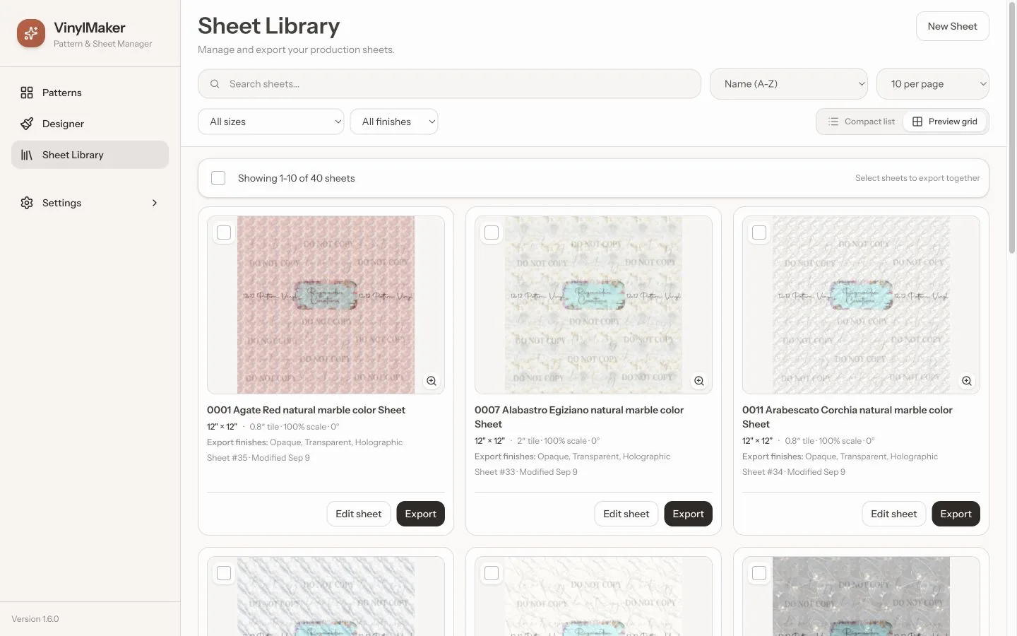 VinylMaker Sheet Library in preview grid view with saved sheets, size and finish filters, and individual edit and export controls.